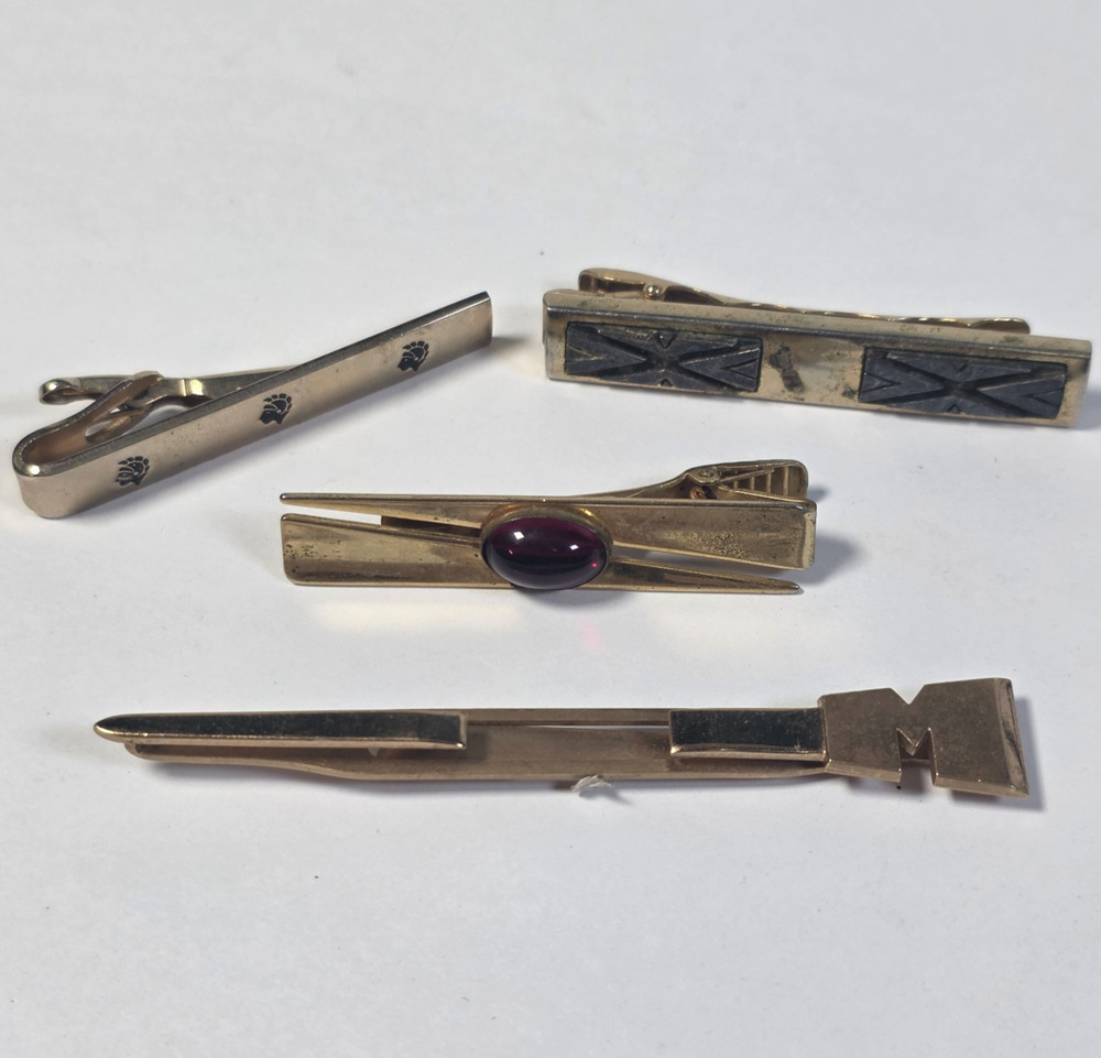 Vintage Tie Clips Lot of 4 Anson Swank Gold Tone Initial M Purple Stone